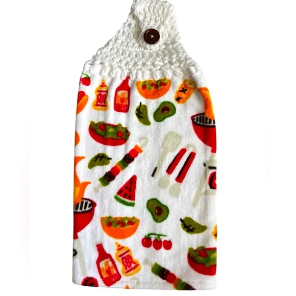 HAND CRAFTED Colorful Crocheted Top Summer BBQ Hanging Kitchen Hand Towel - Picture 3 of 6